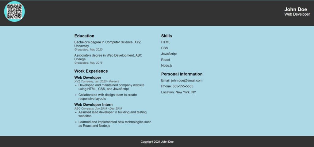 resume sample created using HTML and CSS